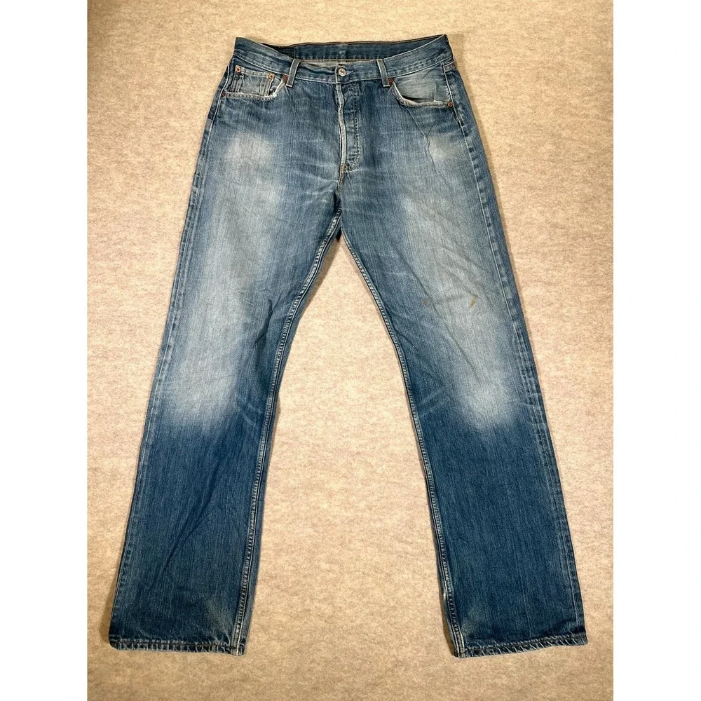 Levis 501 Original Fit Jeans Mens 36x36 Blue Whiskered Denim Straight Leg Cotton